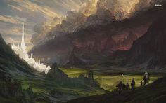 an image of a fantasy scene with people in the foreground and mountains in the background