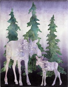 Emerald Valley Moose Family Mountain Quilt Pattern, Painted Forest, Moose Family, Wildlife Quilts, Laser Cut Fabric, Quilting Hoops, Watercolor Quilt, Mountain Quilts, Applique Quilt Patterns