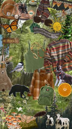 a collage of animals, trees and clothing