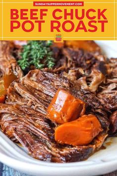 beef pot roast with carrots and parsley on the side in a white bowl