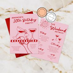 two pink and red birthday cards with wine glasses