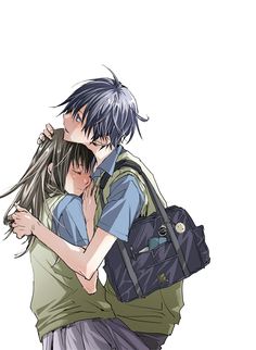 two people hugging each other with backpacks on their backs and one person holding the back of