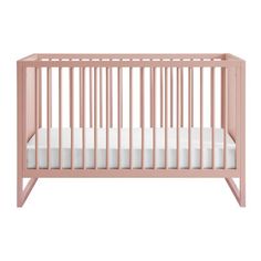 a pink crib with white sheets on the bottom and side rails, against a white background