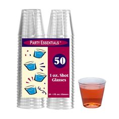 two shot glasses next to each other with the same product in front of them on a white background