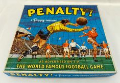 the front cover of a game called penalty, with an image of men playing soccer