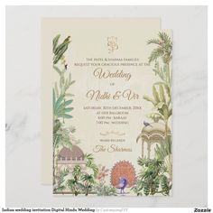 the wedding card is decorated with tropical plants and trees, including an orange bird on top