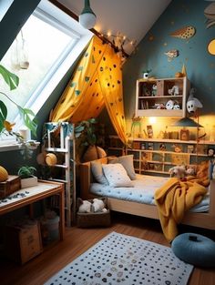 a child's bedroom decorated in blue and yellow