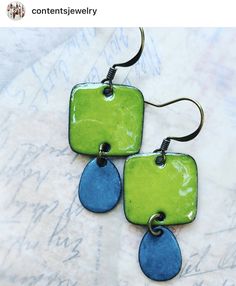 two green and blue square earrings on a white background with the words content jewelry written below them