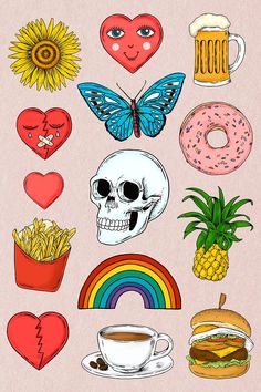 a bunch of different types of food on a pink background with hearts, sunflowers and