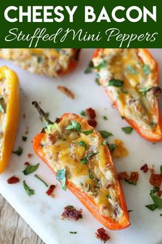 cheesy bacon stuffed mini peppers on a cutting board with the title above it