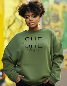 Express your inner power and confidence with this standout collection that goes beyond just clothing--it's a statement of self-love, resilience, and determination. Elevate your wardrobe and empower your spirit with the "Wake, Pray, Slay - She is Me" collection today. Because every day is an opportunity to conquer, and every woman is a force to be reckoned with. Perfect gift for other woman. Sweatshirt * 50% cotton 50% polyester *  Double needle stitched throughout * 1x1 ribbed collar, cuffs and Waymaker Shirt, Faith Based Shirts, Positive Shirts, Praying In The Spirit, Wake Pray Slay, Christian Shirts For Women, Woman Sweatshirt, Christian Shirts Designs, Battle Creek