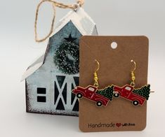 Tis the season of Hallmark Christmas movies with lots of red trucks, Christmas trees and buffalo plaid.  These earrings and the other jewelry in the Red Truck Collection will look great for the movie marathon.   Materials and measurements: The charm is enameled alloy 1 inch wide and 3/4 inch tall.  They are set in gold-plated earring hooks (fishhook style).  Drop length is 1 1/4 inch. They come with two sets of silicone earring backs. Hallmark Christmas Movies, Sunflower Earrings, Movie Marathon, Hallmark Christmas, Red Truck, Antique Earrings, Earring Hooks, Fall Harvest, Christmas Movies