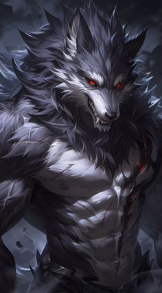 an evil wolf with red eyes standing in the dark