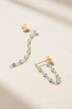 JIA JIA's earrings have long, jaw-grazing silhouettes that can be adjusted for a shorter drop - simply loop the base onto the post. It's handmade from 14-karat gold and bezel-set with 10.00-carats of faceted blue topaz, a stone said to channel your inner wisdom. Best Selling Jewelry, Earrings Huggies, Gold Topaz, Peridot Earrings, Inner Wisdom, Aquamarine Earrings, Blue Topaz Earrings, Gold Pearl Earrings, Topaz Earrings