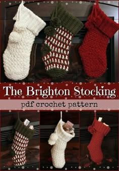 the brighton stocking crochet pattern is shown in four different colors and sizes