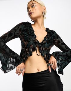 Tops by Sisters of the Tribe Can't top this V-neck Tie front Cropped length Regular fit Salem Outfits, 2023 Wardrobe, Wardrobe Aesthetic, Ruffle Long Sleeve Blouse, Clothes Wishlist, Insta Ideas, Funky Outfits, The Tribe, Ruffle Long Sleeve