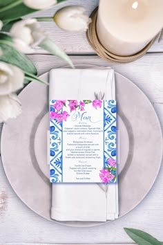 Blue Majolica tiles Bougainvillea Italian menu template Greek Party Ideas, Greece Pool, Greek Print, Majolica Tiles, Italian Menu