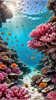 an underwater scene with corals and fish swimming in the water, surrounded by other marine life