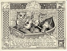 two cats in a boat with an owl playing the guitar