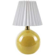 a yellow lamp with a white shade on it's base and a light bulb in the shape of a ball