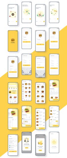 a bunch of different types of food and drinks on a yellow and white striped background