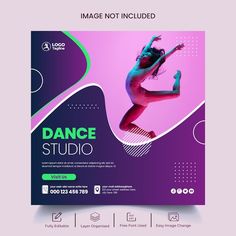 a poster for a dance studio with an image of a woman jumping in the air