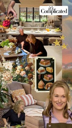 a collage of people in the kitchen and living room