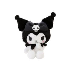 a black and white stuffed animal with a skull on it's head, sitting in front of a white background