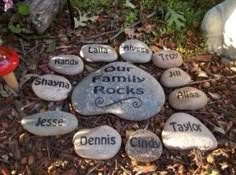 some rocks that have names on them