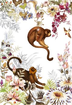 an illustration of monkeys and flowers on a white background