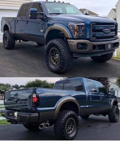 two pictures of the same truck in different stages of being painted blue and black with gold rims