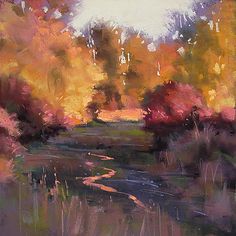 an oil painting of a river surrounded by trees and grass in the fall colors,