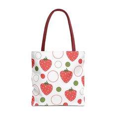 This playful bag features an eye-catching red strawberry design, adding a touch of fun to your everyday routine. Perfect for any adventure, this tote is sure to be your new favorite accessory. Available in 3 sizes to add both functionality and style, these tote bags come with multiple handle colors to match your designs. Made with spun polyester, these bags feature double-stitched seams, cotton webbing straps, and nonwoven laminate lining for high-end durability. .: Made with 100% polyester, a m Trendy Red Canvas Bag With Double Handle, Trendy Red Double Handle Canvas Bag, Trendy Red Canvas Bag For Shopping, Playful Red Shoulder Bag For Daily Use, Playful Red Bag For Gift, Playful Red Everyday Bag, Casual Red Tote Bag, Casual Double Handle Canvas Bag For Gift, Casual Double Handle Canvas Bag As Gift