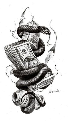 a drawing of money and snakes