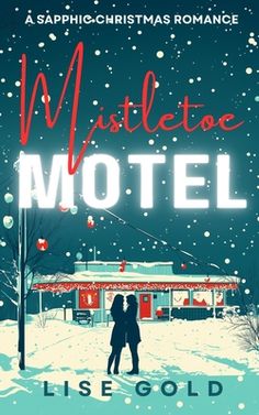 a couple kissing in front of a motel with snow falling on the ground and trees