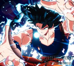 an anime character pointing at the camera with his right hand in front of him and two other