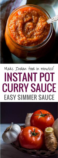 instant pot curry sauce in a bowl with tomatoes and garlic