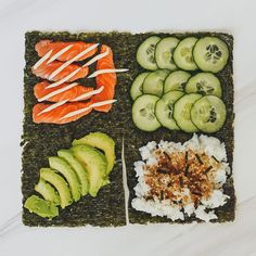 sushi platter with cucumbers, salmon and avocado