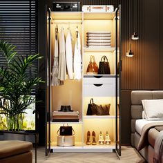 an open closet with shoes, bags and handbags on shelves next to a bed