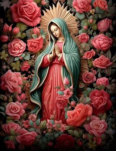 an image of the virgin mary surrounded by roses