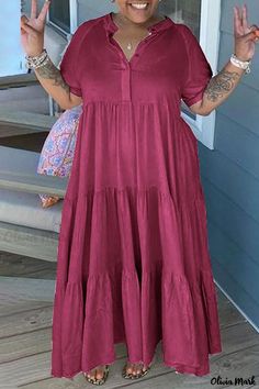 Olivia Mark - Burgundy Straight-Cut Casual Dress with Solid Patchwork and Fold-Down Collar - Designed for Plus Size Women Design Dresses, Plus Size Maxi, African Design Dresses, Loose Outfit, Turndown Collar, Patchwork Dress, Sleeve Dresses, Collar Designs, African Design