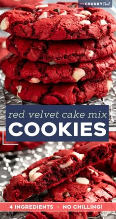 red velvet cake mix cookies stacked on top of each other