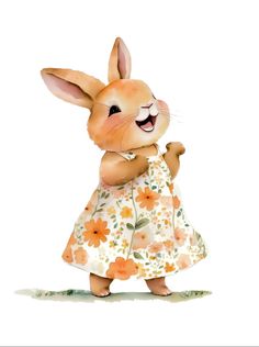 a watercolor painting of a rabbit in a dress with flowers on it's chest