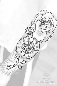 a black and white drawing of a rose with a pocket watch on it's arm