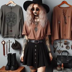 Edgy Hairdresser Outfit, Witchy Outfits Casual Summer, Rock Boho Outfit, Summer Boho Goth Outfits, Witch Fashion Aesthetic Modern, Soft Natural Goth, 90s Witchy Outfits Casual, Grunge Outfit Inspo Summer, Boho Alternative Fashion