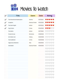 the movies to watch list is shown in red, white and blue colors with hearts on it