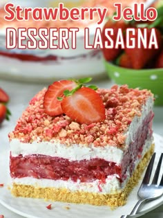 strawberry jello dessert lasagna on a white plate