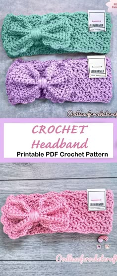 three crochet headbands with text overlay that reads, crochet headband printable pattern