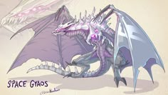 a drawing of a purple dragon sitting on top of a sandy ground with the words space chaos written below it