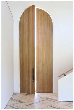 an open wooden door in a white room